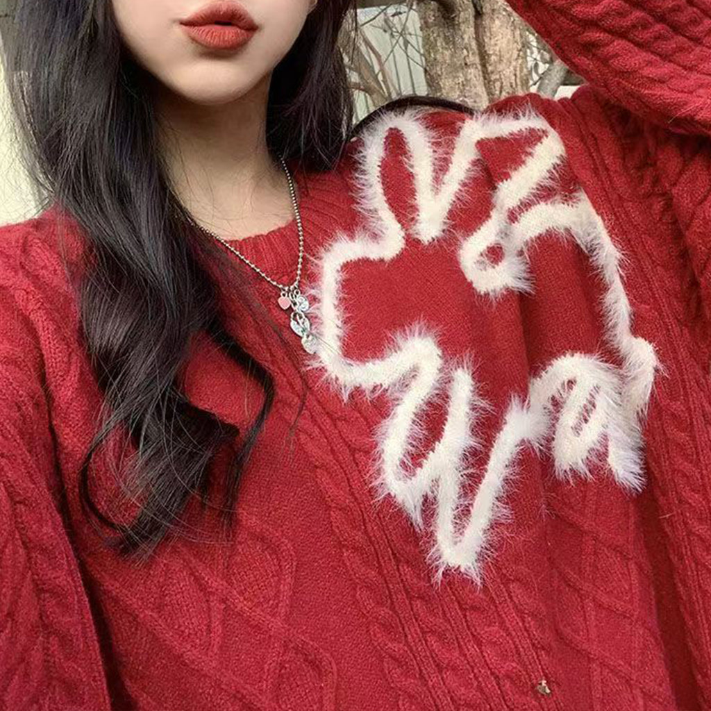 Loose Red Rabbit Jacquard Cable Knit Sweater Women's Thick Knitted Cardigan