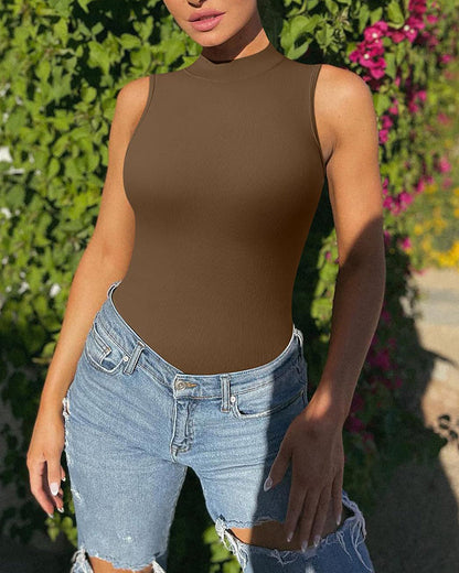 Ribbed Sleeveless Turtleneck Bodycon Thong Bodysuit