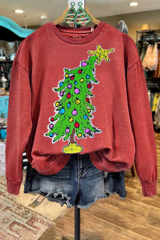 Retro Contrast Color Christmas Tree Sweatshirt