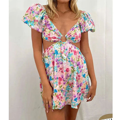 Cutout Colorful Flower Print Mini Dress