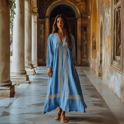 Greek Key Print V-Neck Loose Long Dress