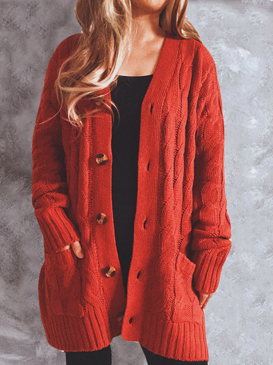 Casual Solid Color Pocket Long-Sleeved Sweater Cardigan