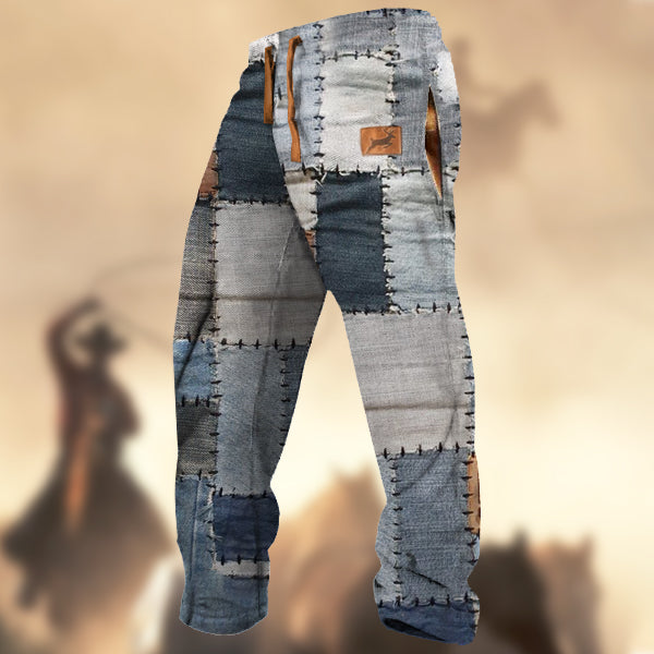 Men's Retro Denim Patchwork Print Elk Logo Sports Casual Sweatpants