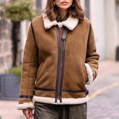 Women's Vintage Suede Paneled Leather Fleece Lapel Shearling Jacket