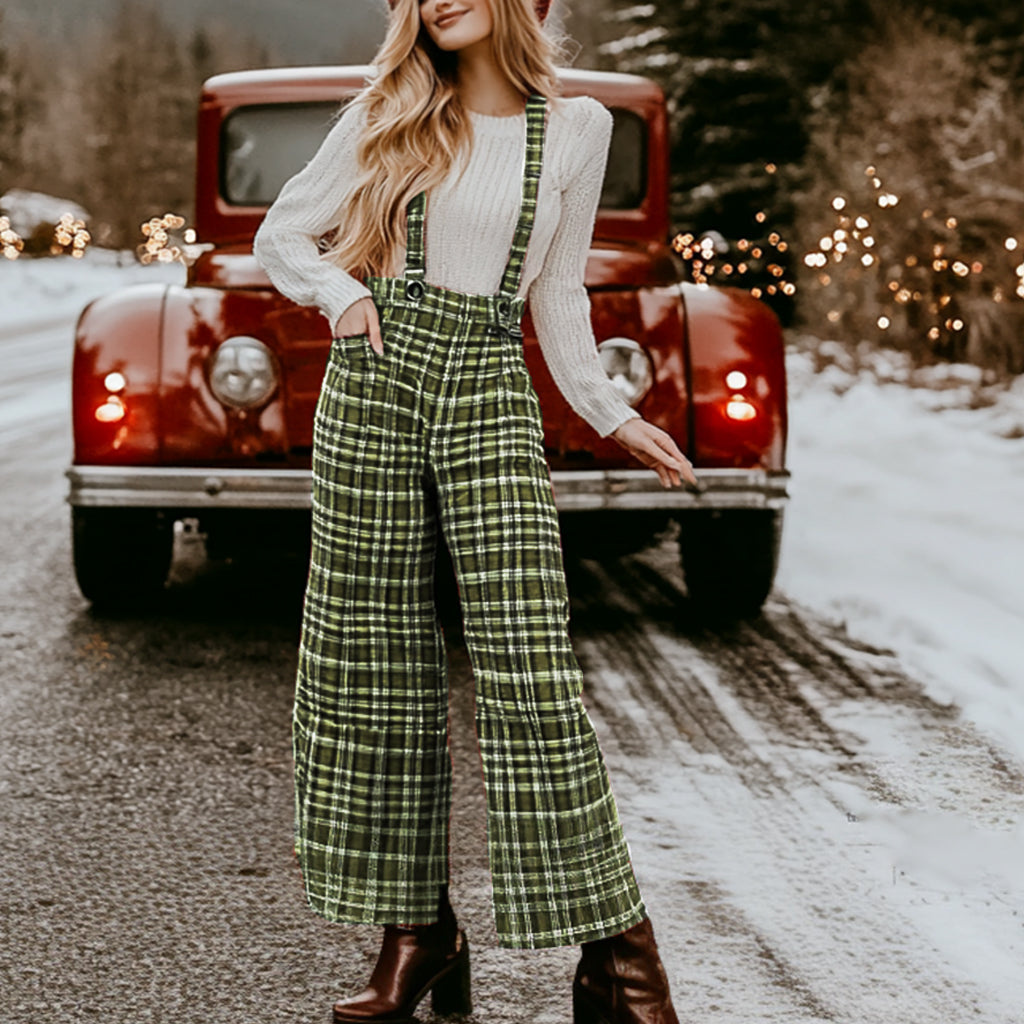 Women Christmas Party Plaid Print Casual Jumpsuit