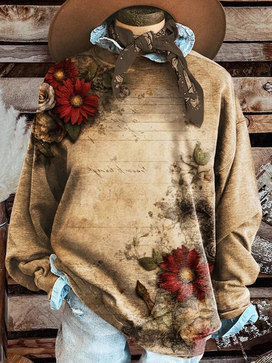 Vintage Floral Print Casual Sweatshirt