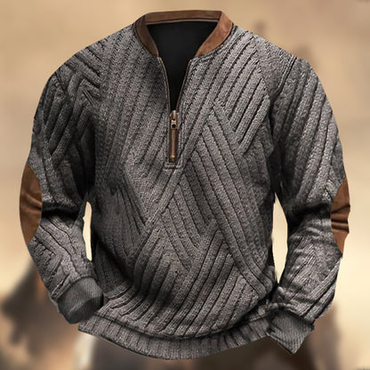 Men's Vintage Western Knitted Print Zipper Stand Collar Casual Sweatshirt