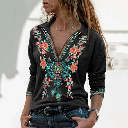 V Neck Tribal Printed Long Sleeve Casual T-Shirt