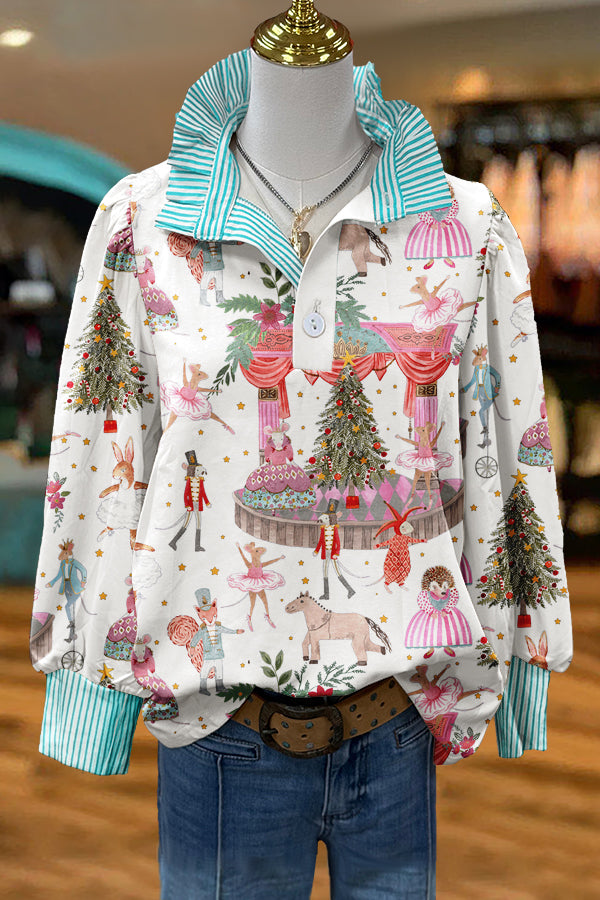 Sweet Christmas Nutcracker Print Puff Sleeve Blouse