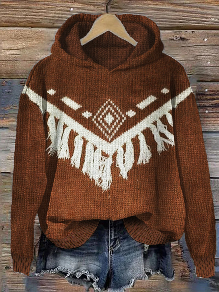 Western Aztec Tassels Cozy Knit Hoodie