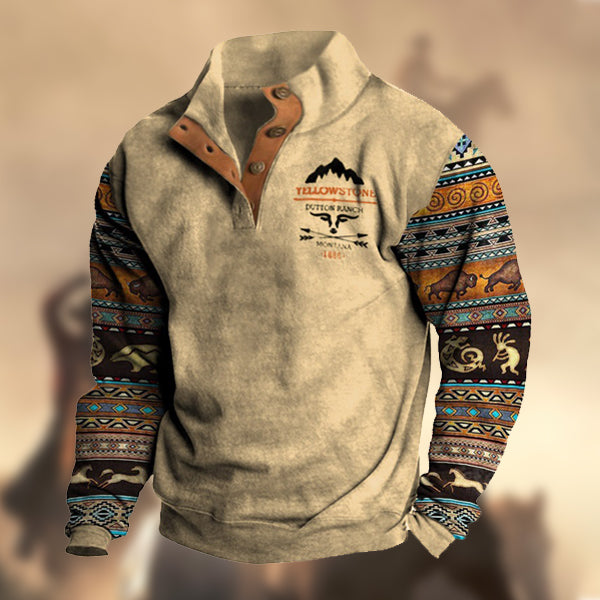 Men's Retro Western Yellowstone Ethnic Print Casual Henley Stand Collar Sweatshirt