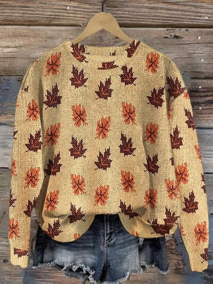 Women's Falling Leaf Casual Round Neck Print Knitted Sweater