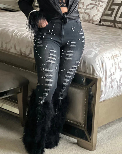 Faux Feather Distressed Beaded Stretch Jeans