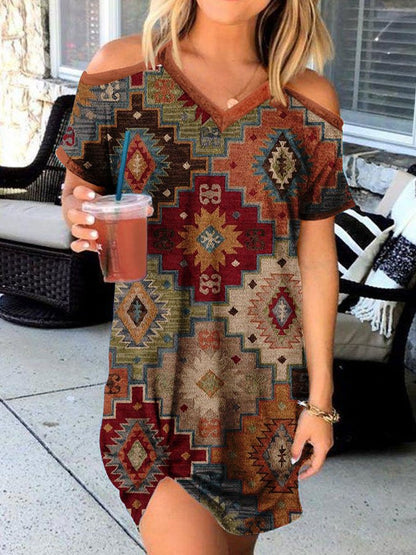 Printed V-Neck Short-Sleeve Dress