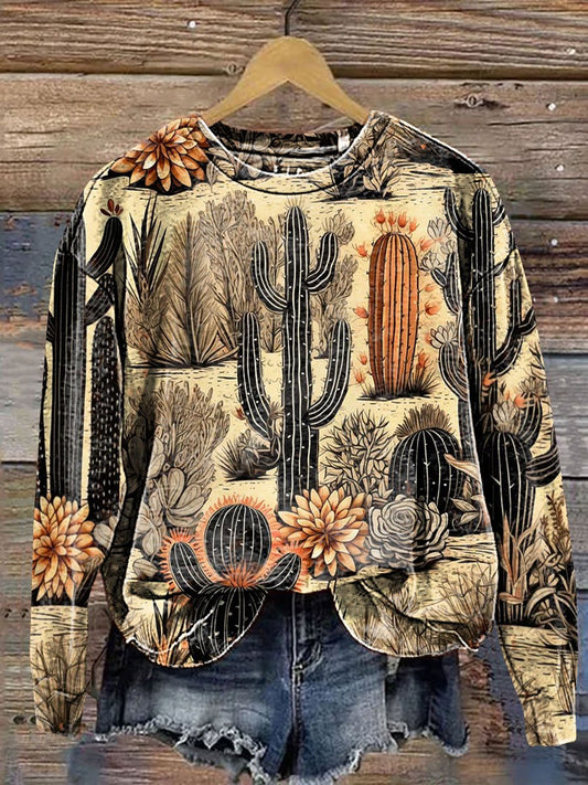 Vintage Western Cactus Art Print Casual Sweatshirt