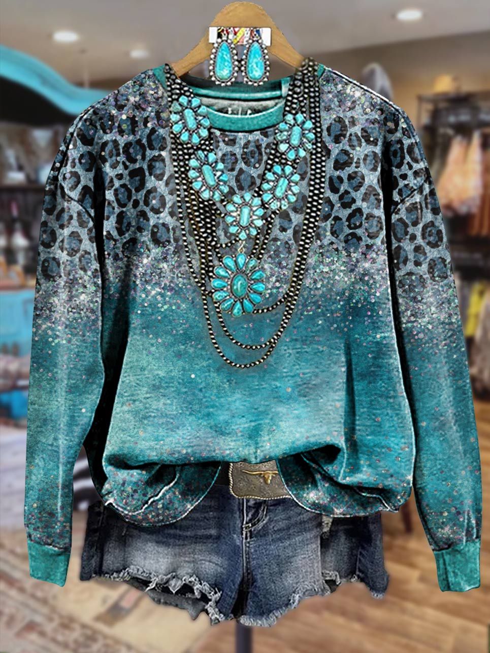 Green Glam Leopard Print Casual Sweatshirt