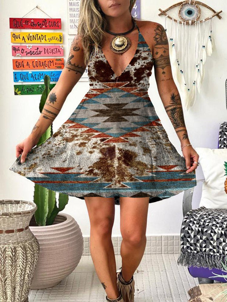 Women's Aztec Print Strappy V-Neck Mini Dress