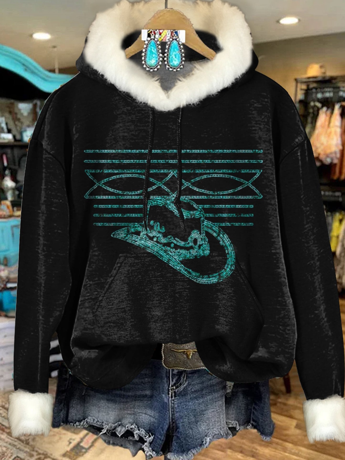 Vintage Boot Pattern Hat Art Print Imitation Rabbit Fur Trim Casual Hoodie Sweatshirt