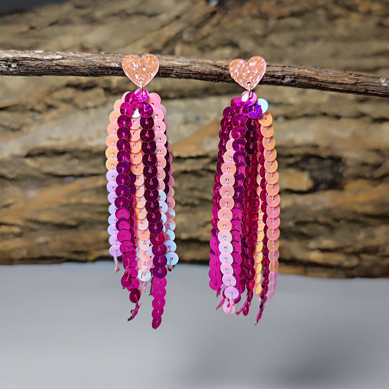 Valentine's Day Shiny Laser Sequin Love Tassel Earrings