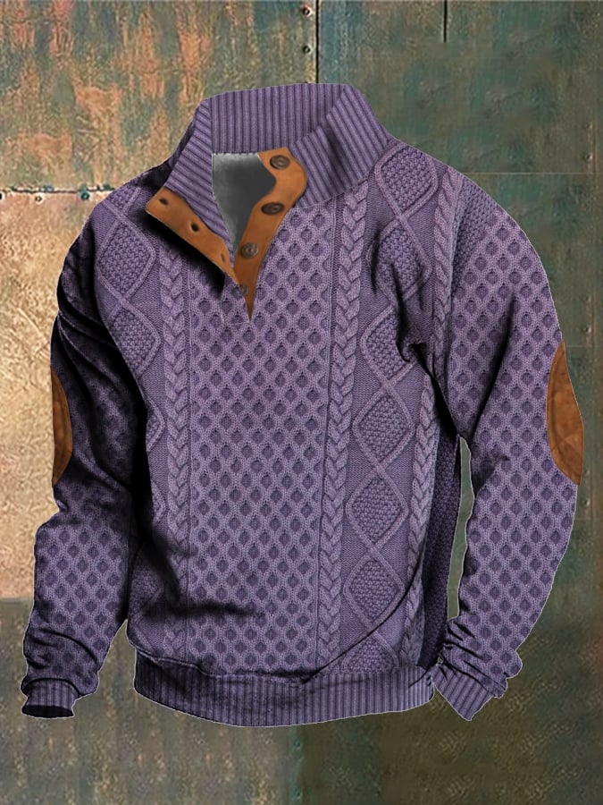 Men's Retro Western Knitted Print Stand Collar Sweatshirt