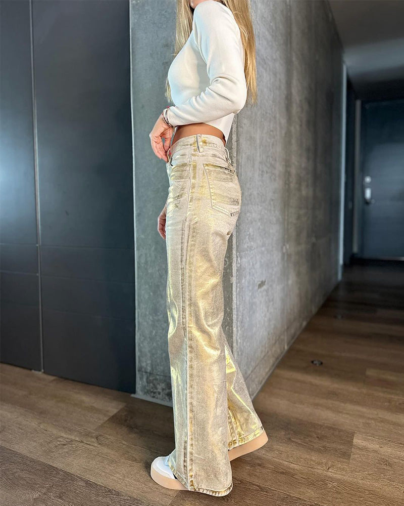 Mid-Rise White Metallic Baggy Jeans