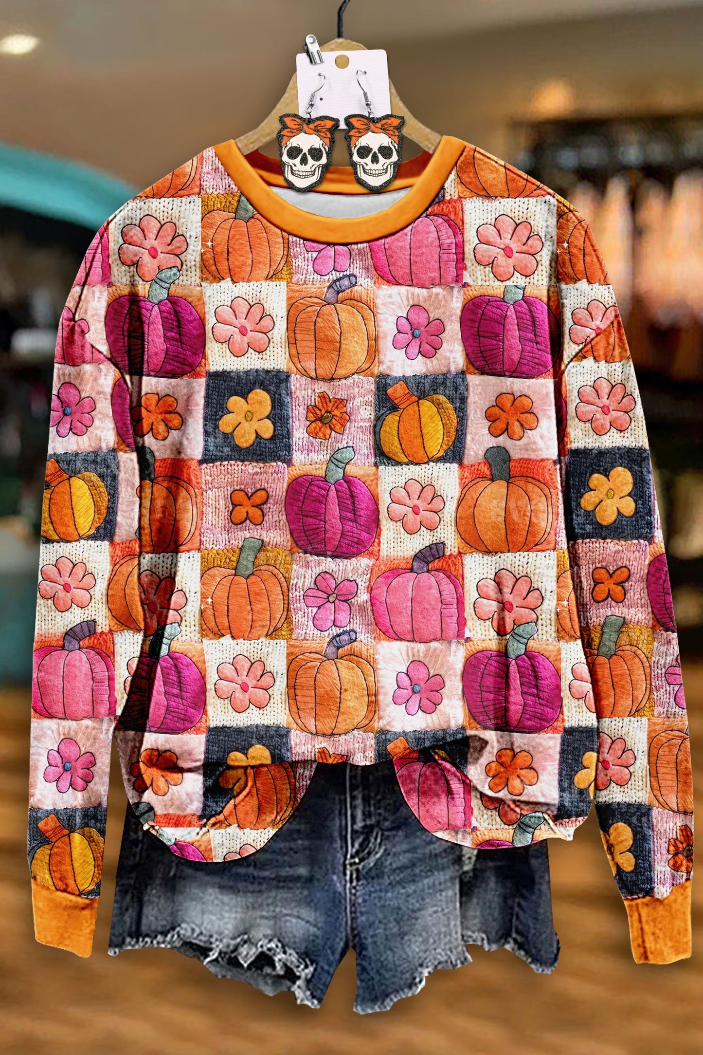 Halloween Fall Pumpkins Patchwork Print Sweatshirt