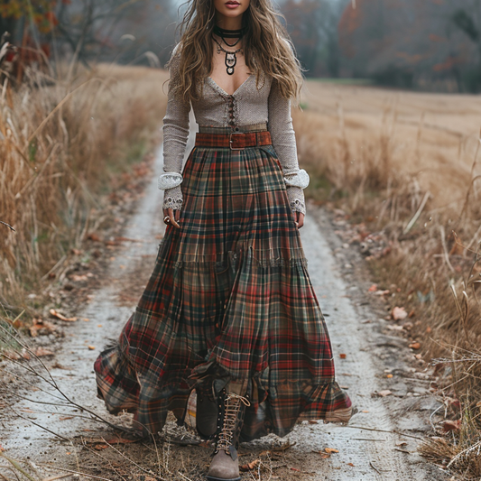 Women's Retro Plaid V-neck Long-sleeved Long Skirt Pastoral Style Dress