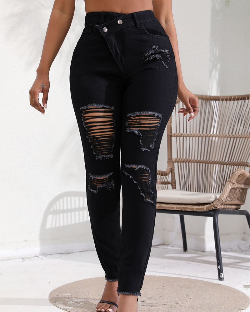 High-Rise Ripped Slim-Fit Jeans