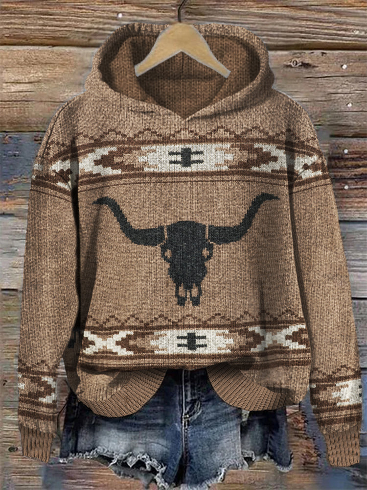 Western Bull Skull Aztec Cozy Knit Hoodie