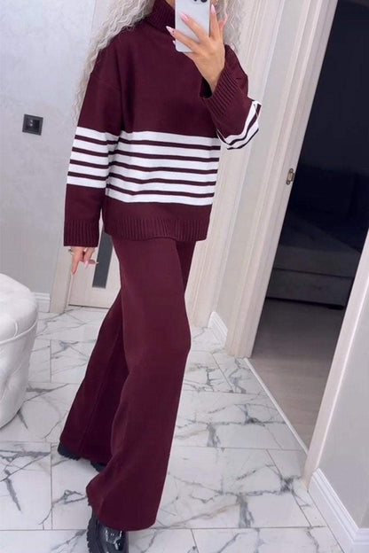 Women's Casual Knit Stripe Long Sleeve Two-Piece Set