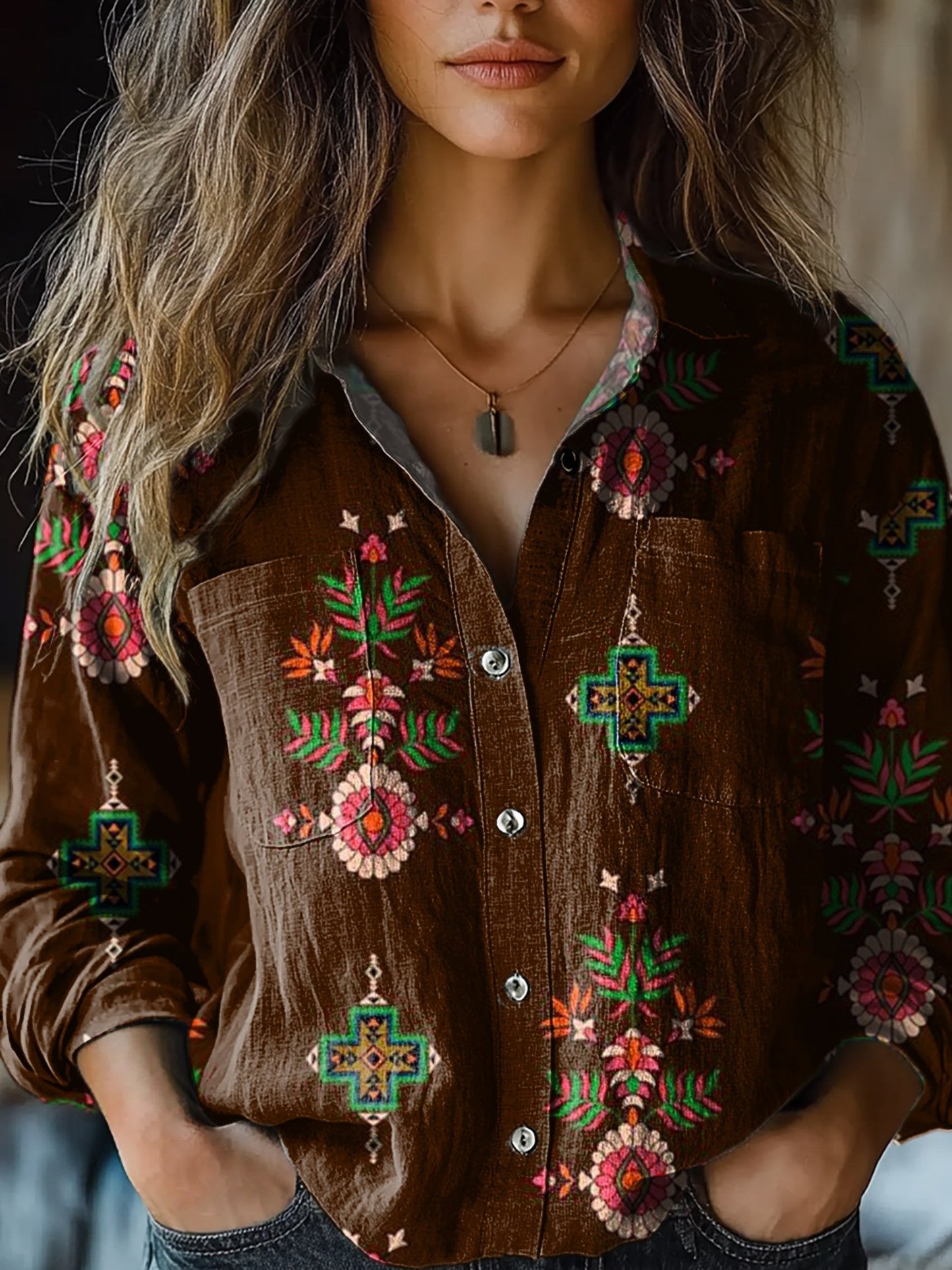 Women's Vintage Floral Aztec Art Print Casual Long Sleeve Comfortable Cotton Shirt