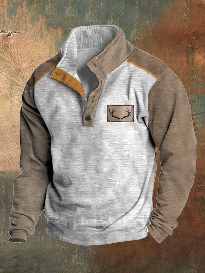 Men's Fleece Vintage Western Antler Hunting Enthusiast Stand Collar Sweatshirt