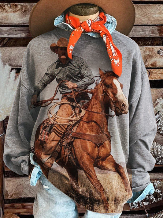 Western Cowboy Print Casual Sweatshirt