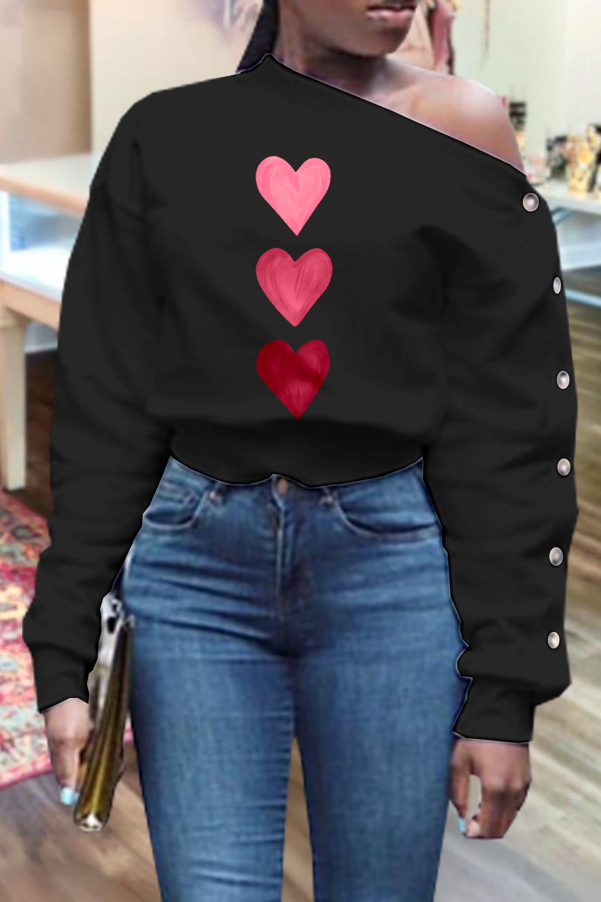 Classic Valentine's Day Heart Drop Shoulder Sweatshirt