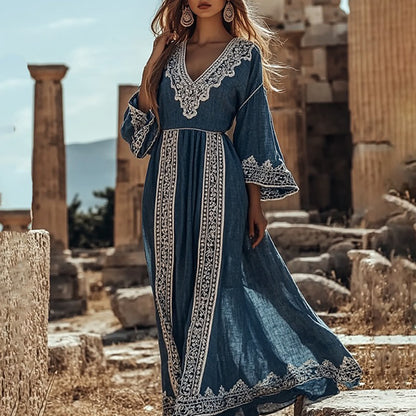 Vintage Greek-inspired V Neck Linen Blend Maxi Dress