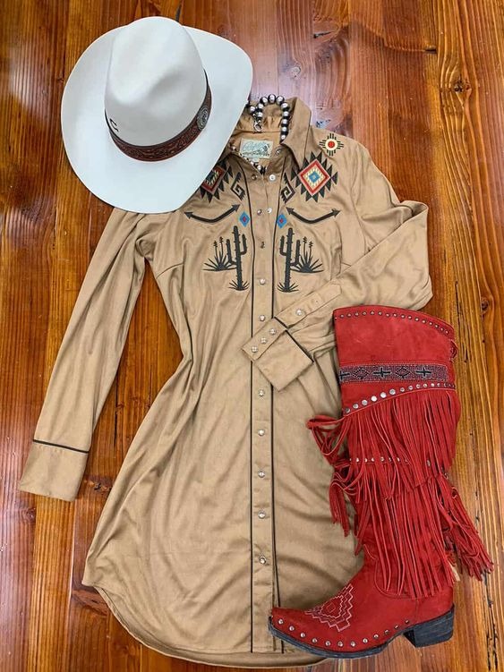 Retro western long sleeve shirt dress