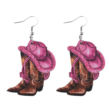 Western Pink Cowboy Hat Boots Earrings