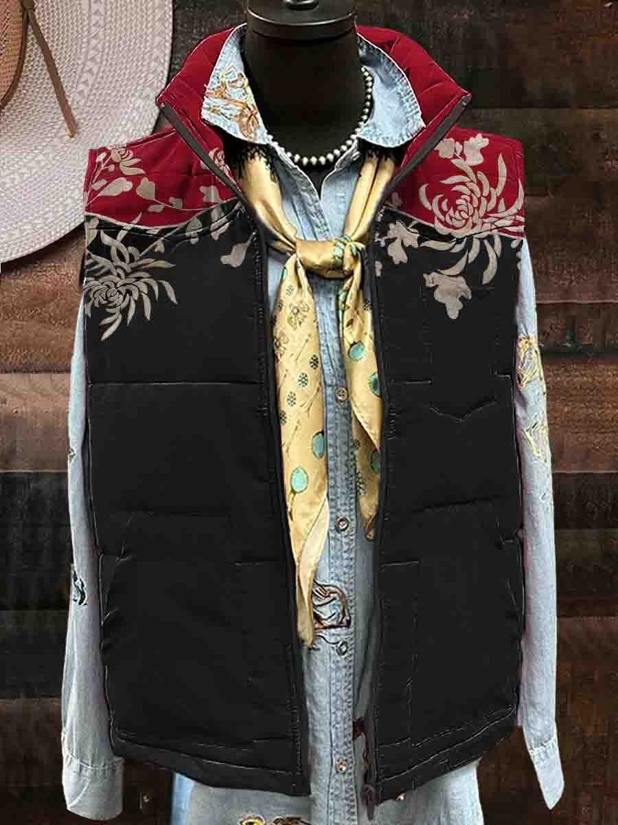 Women's Red and Black Patchwork Floral Print Casual Comfortable Quilted Cotton Vest