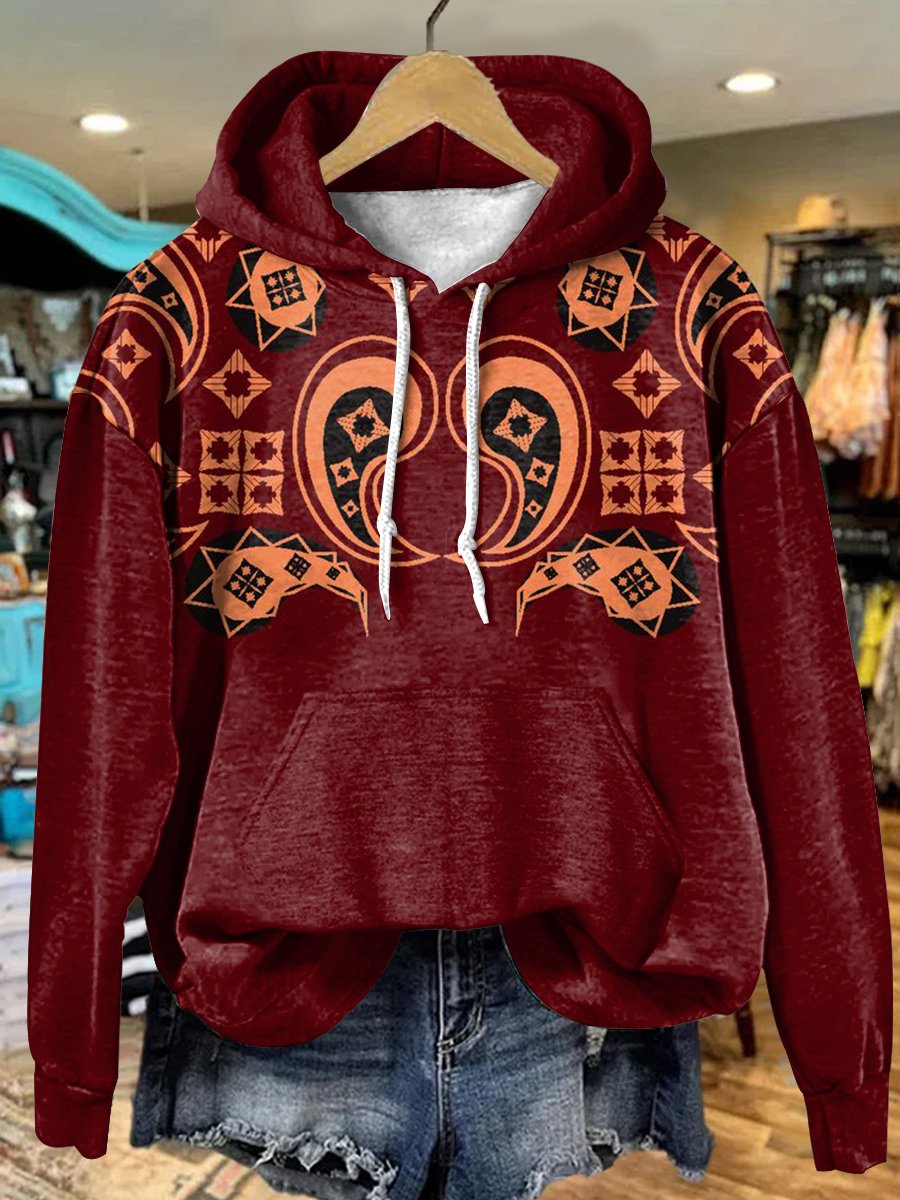 Vintage Red Paisley Cashew Art Print Casual Hoodie Sweatshirt