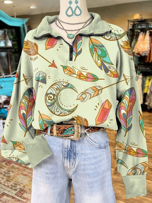 Boho Feather Print Casual Long Sleeve Zip Sweatshirt