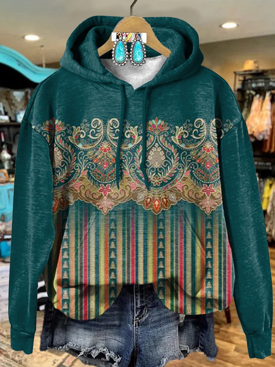 Retro Ethnic Stripes Floral Art Print Casual Hoodie Sweatshirt