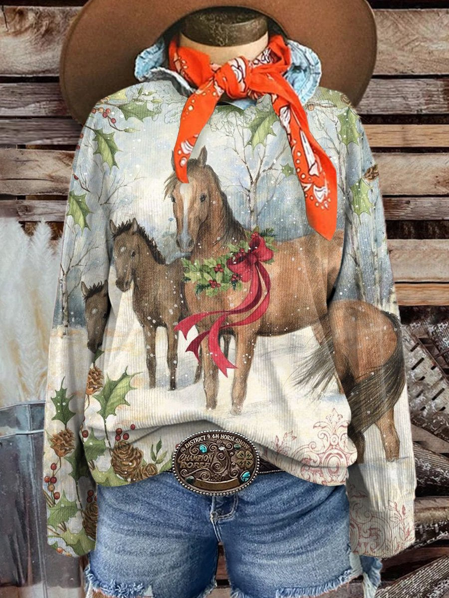 Women's Christmas Horse Casual Print Corduroy Sweatshirt