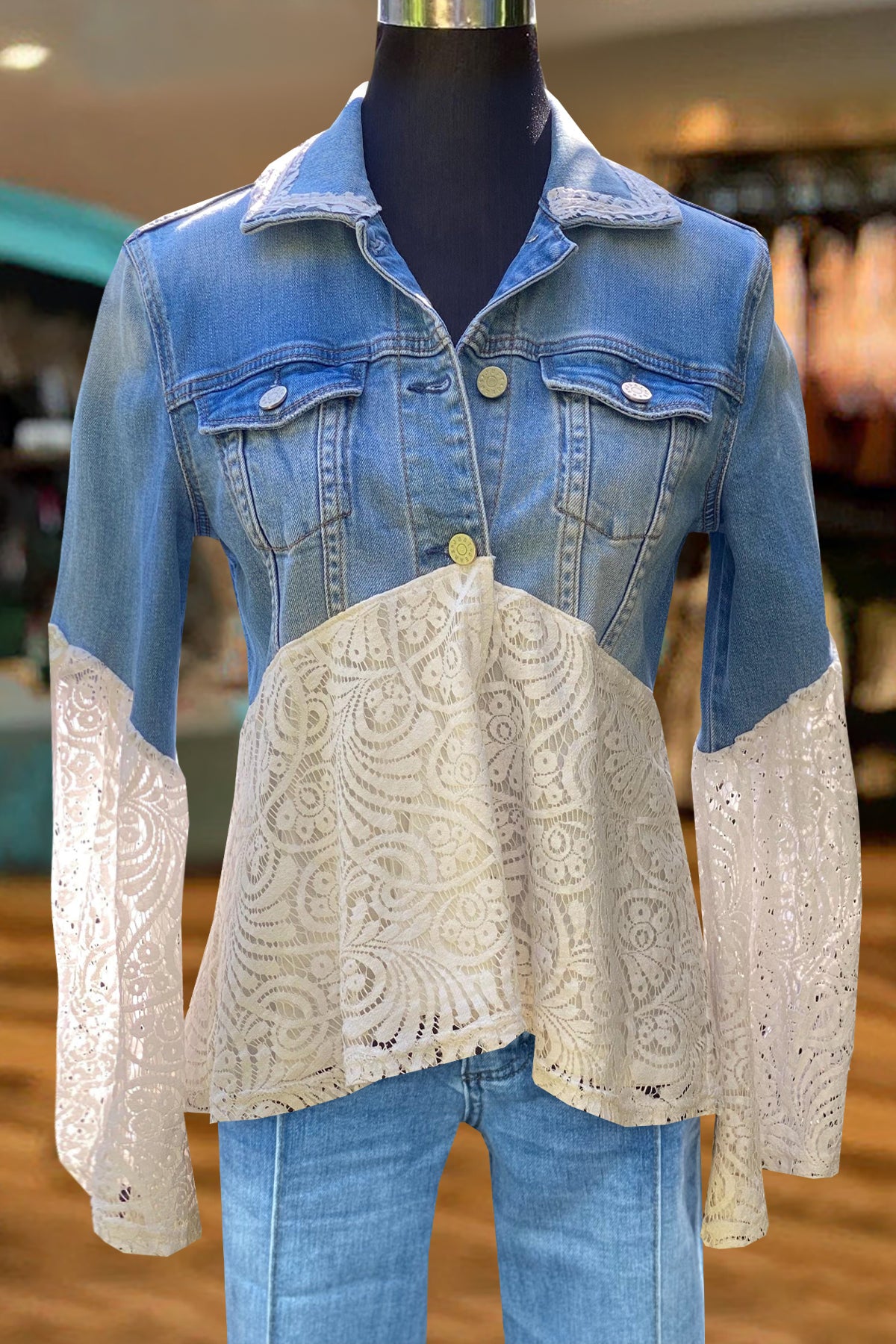 Classic Lace Panel Denim Jacket