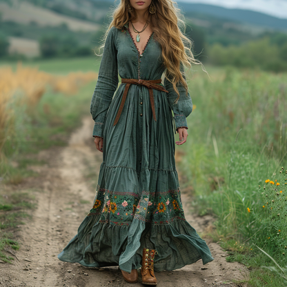 Bohemian Pastoral Style Retro Women's Long-sleeved Dress