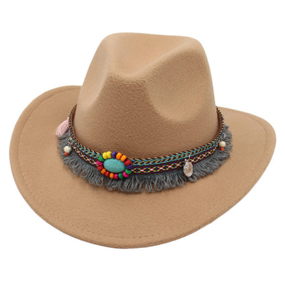 Men's Vintage Western Ethnic Tassels Cowboy Hat Knight Woolen British Felt Hat