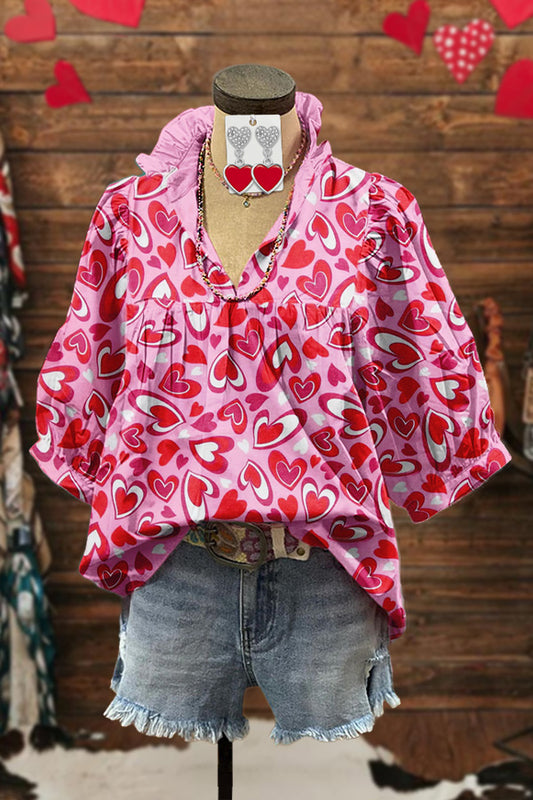 Valentine's Day Heart Print Puff Sleeve Blouse