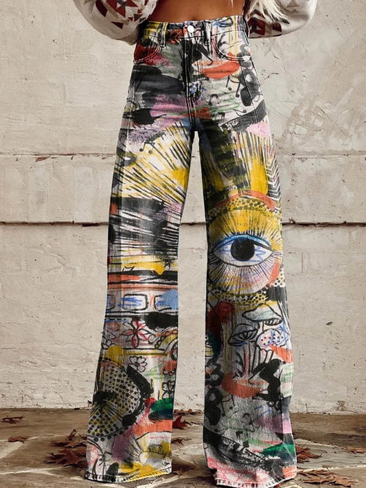 Women's Color Doodle Casual Wide Leg Pants