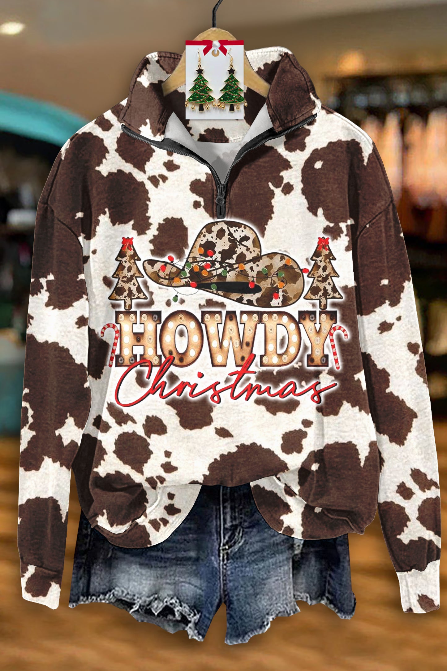 Western Christmas Print Zip-UpSweatshirt