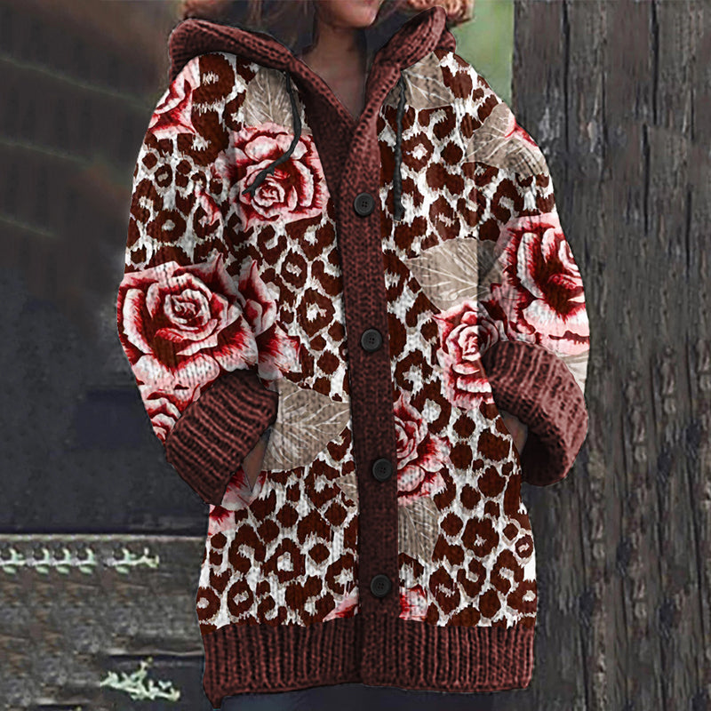 Vintage Western Leopard Flower Printed Knitted Hooded Cardigan