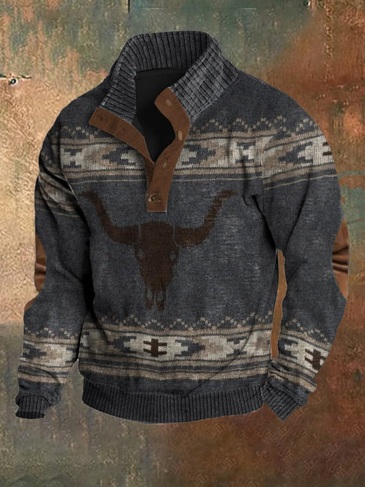 Men's Vintage Print Button Casual Long Sleeve Sweatshirt